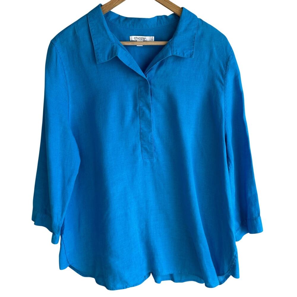 Chico's Popover Linen Button Back Blouse Top Blue 12 or 2 or L